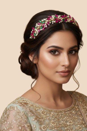 Accessozone Multicolor (Pink–Green–Silver) Crystal Bridal Hairband – Premium Wedding Accessory