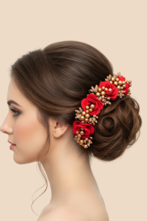 AccessoZone Red Rose Golden Pearl Artificial Gajra for Bun/Juda