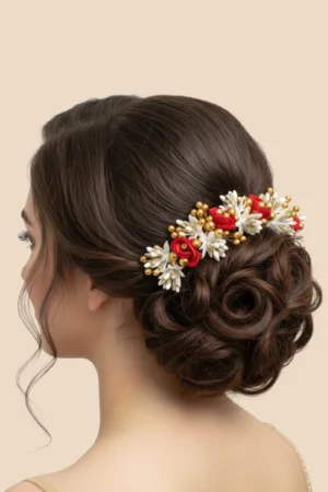 AccessoZone Premium Red & White Floral Golden Pearl Bridal Gajra for Bun/Juda – Handcrafted Wedding Hair Accessory