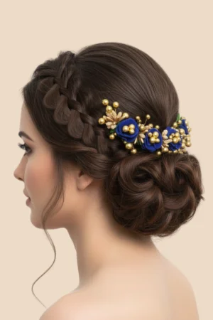 AccessoZone Blue Rose Golden Pearl Artificial Gajra for Bridal Bun/Juda